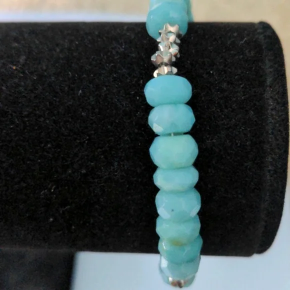 New Genuine Amazonite Gemstone Beaded Bracelet. Caribbean Blue, Bali Style Clasp - Picture 4 of 6